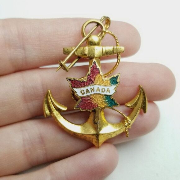 Vintage Canada Anchor and Mapel Leaf Pendant or Brooch, Gold Tone and Enamel - Picture 5 of 6